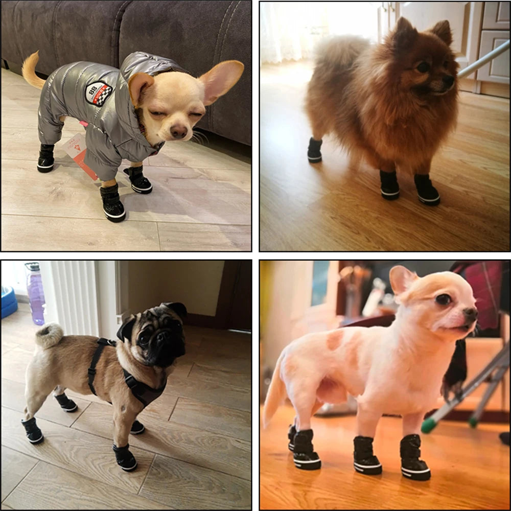 Four Piece Winter Dog Boots Snow Shoes Set Warm Fleece