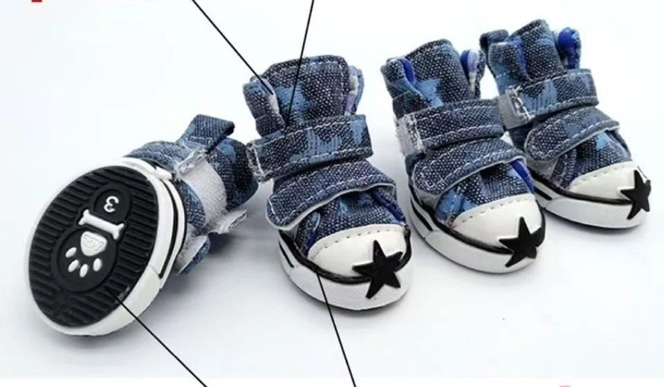 Blue Denim Dog Shoes Canvas Pet Boots For Outdoor Walks