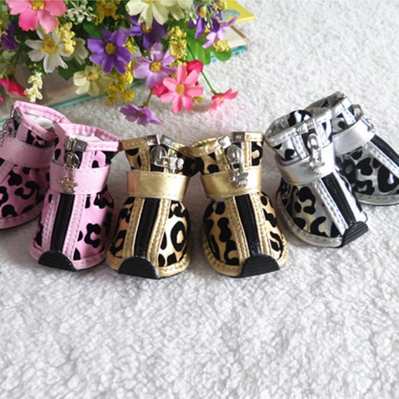 Leopard Leather Dog Shoes 4pc Anti Slip Waterproof Boots