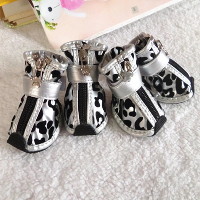 Leopard Leather Dog Shoes 4pc Anti Slip Waterproof Boots