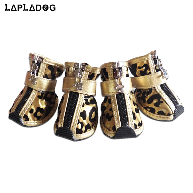 Leopard Leather Dog Shoes 4pc Anti Slip Waterproof Boots