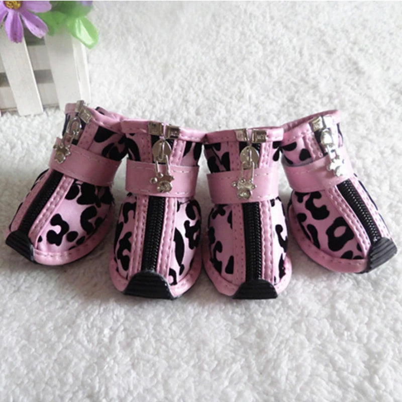 Leopard Leather Dog Shoes 4pc Anti Slip Waterproof Boots