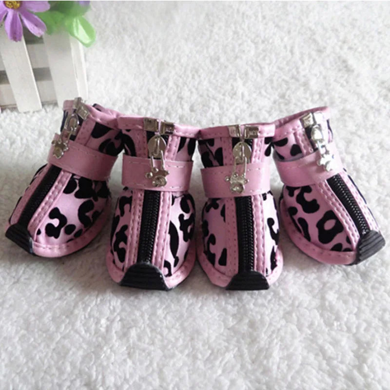Leopard Leather Dog Shoes 4pc Anti Slip Waterproof Boots