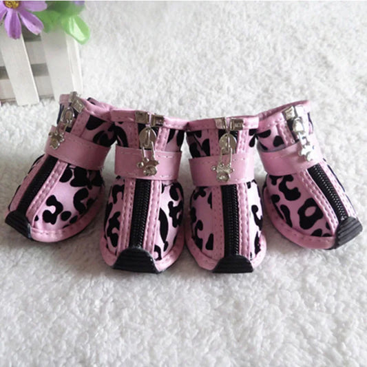 Leopard Leather Dog Shoes 4pc Anti Slip Waterproof Boots