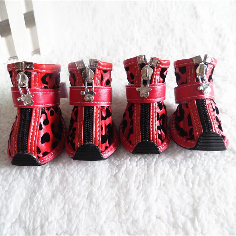 Leopard Leather Dog Shoes 4pc Anti Slip Waterproof Boots