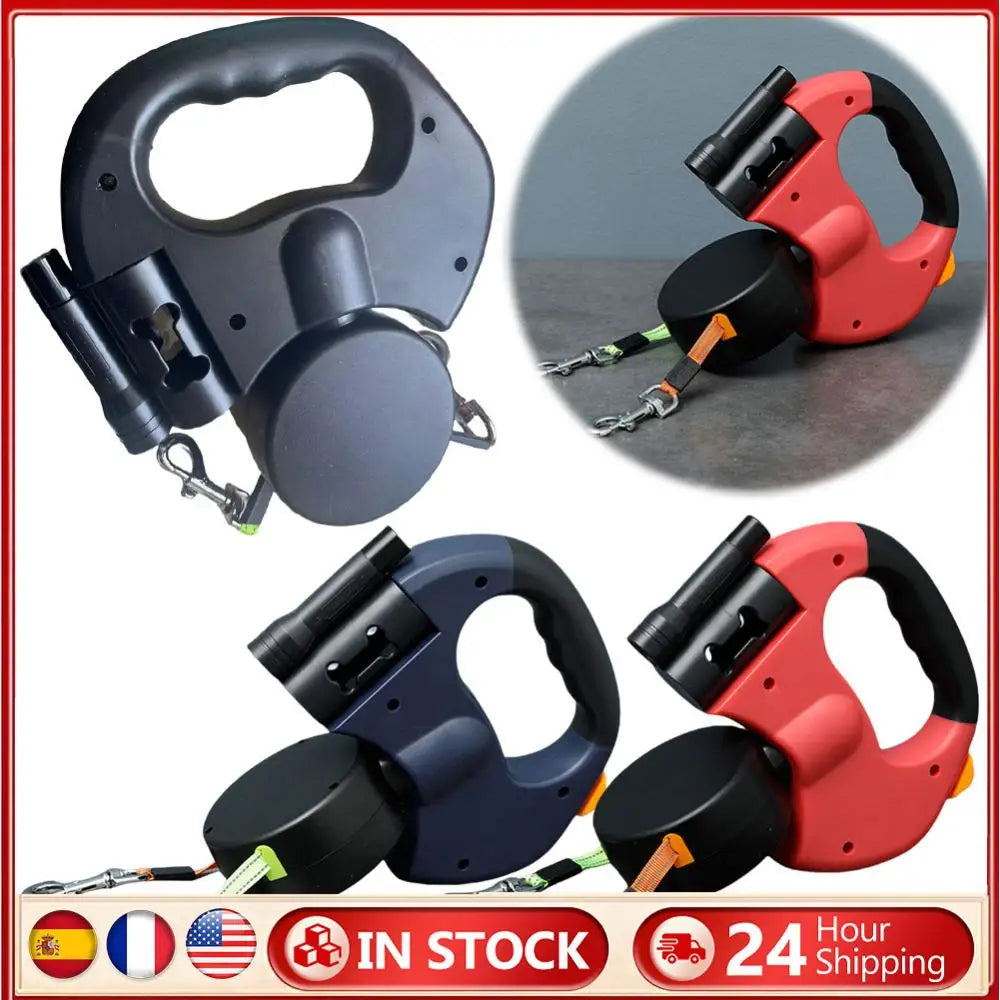 Double Headed Dog Leash With LED Light Retractable Walking