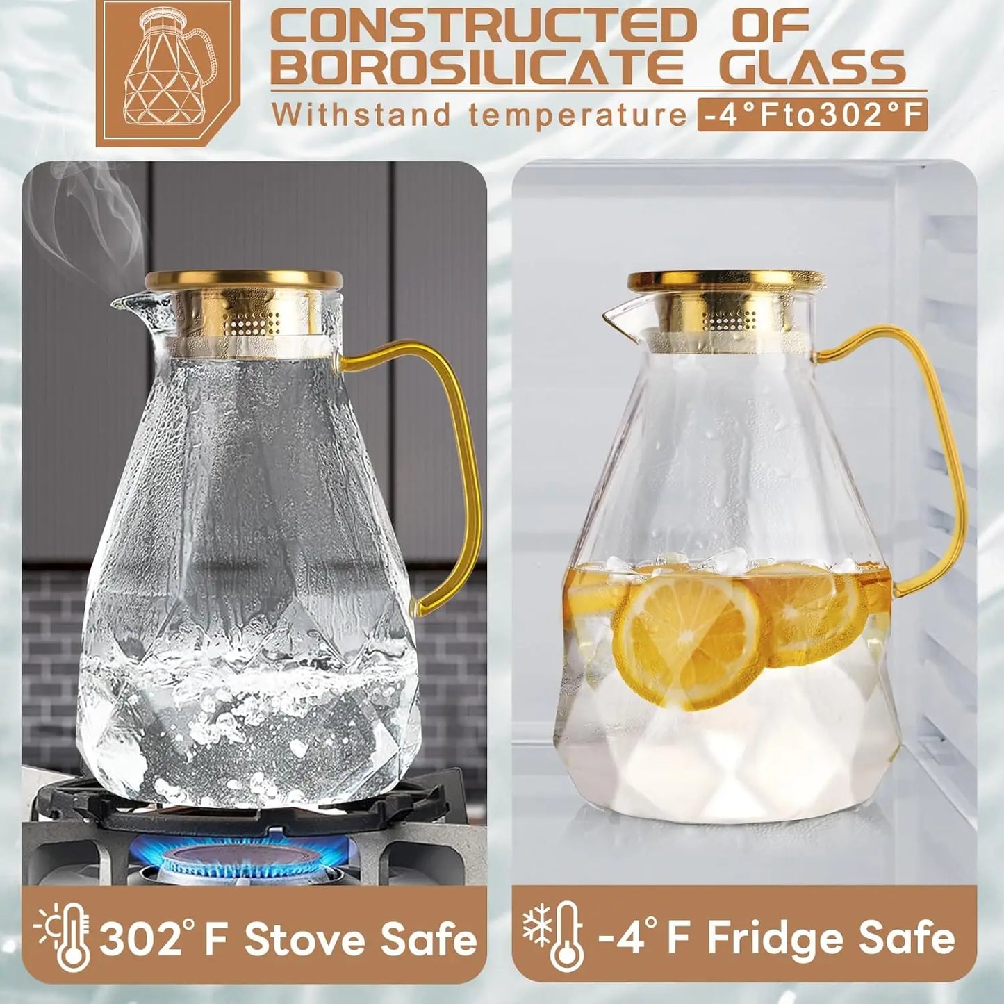 Glass Water Pitcher 3 Liter Carafe with Lid for Home Use