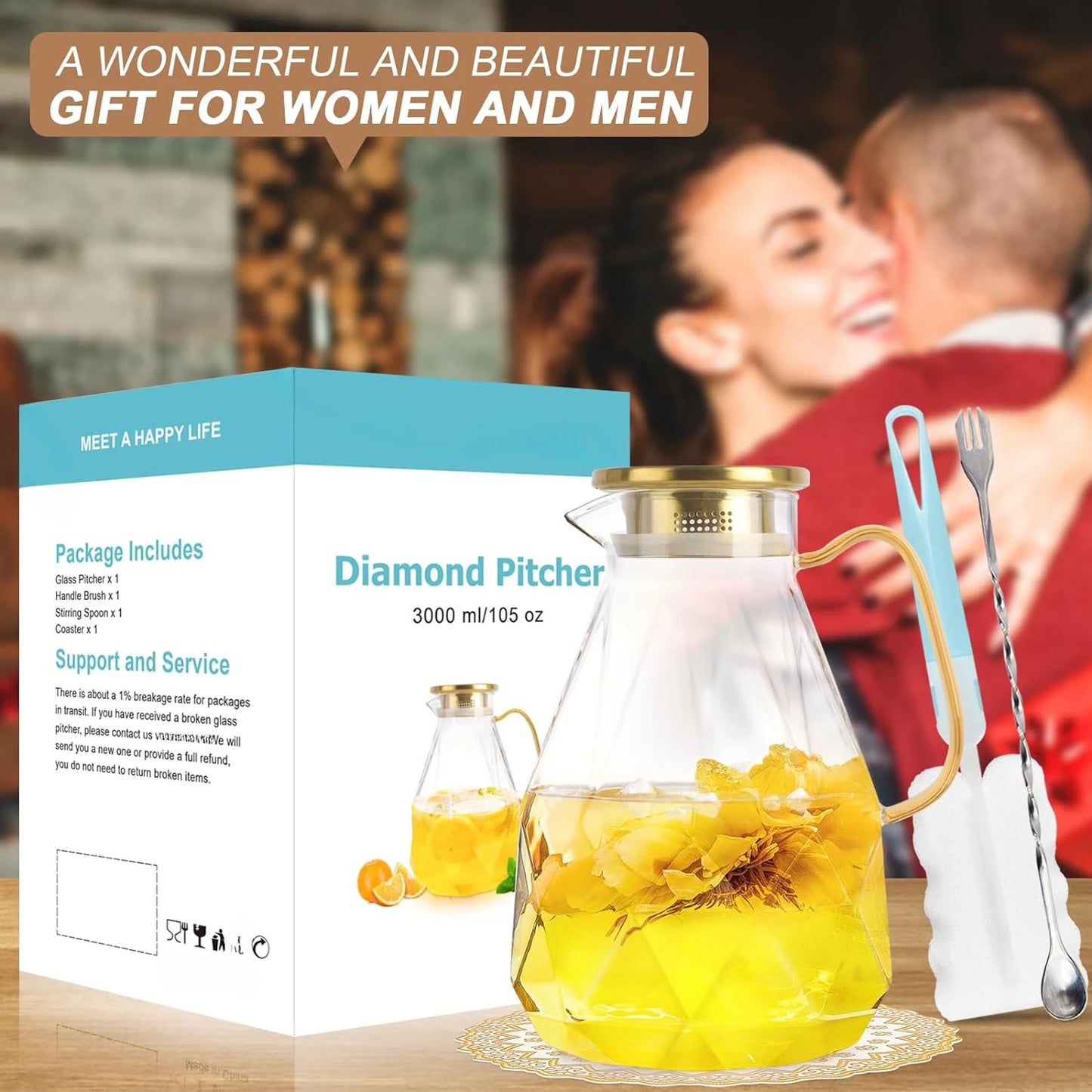 Glass Water Pitcher 3 Liter Carafe with Lid for Home Use