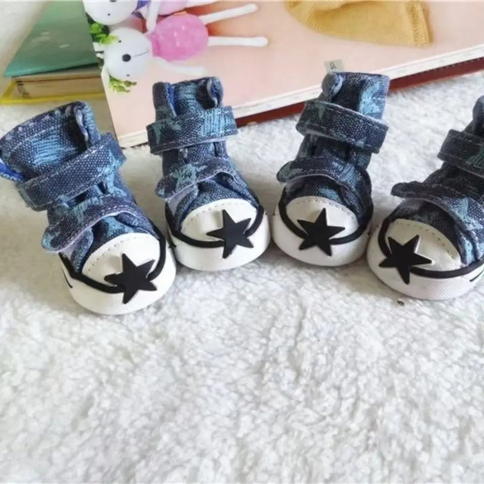 Blue Denim Dog Shoes Canvas Pet Boots For Outdoor Walks