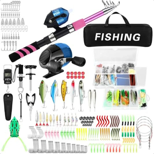 310 Pcs Telescopic Fishing Rod and Reel Combo Pink Set