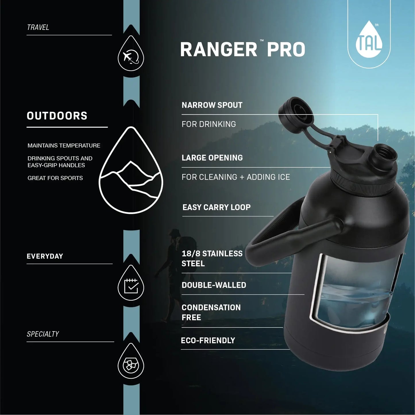 TAL Stainless Steel Ranger Water Bottle 80 fl oz Black