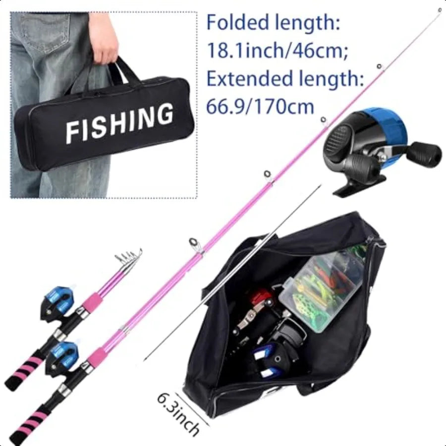 310 Pcs Telescopic Fishing Rod and Reel Combo Pink Set