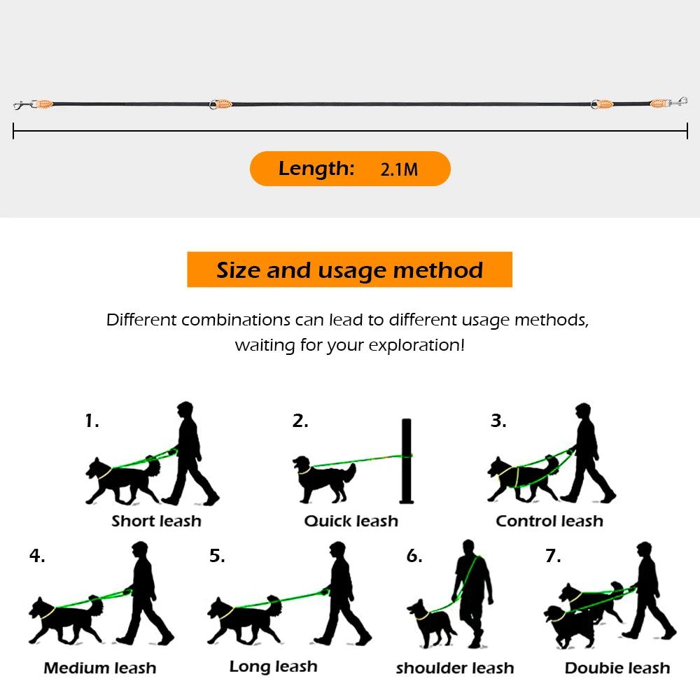 New Generation Two Dog Leash Adjustable Hands Free 2.1M