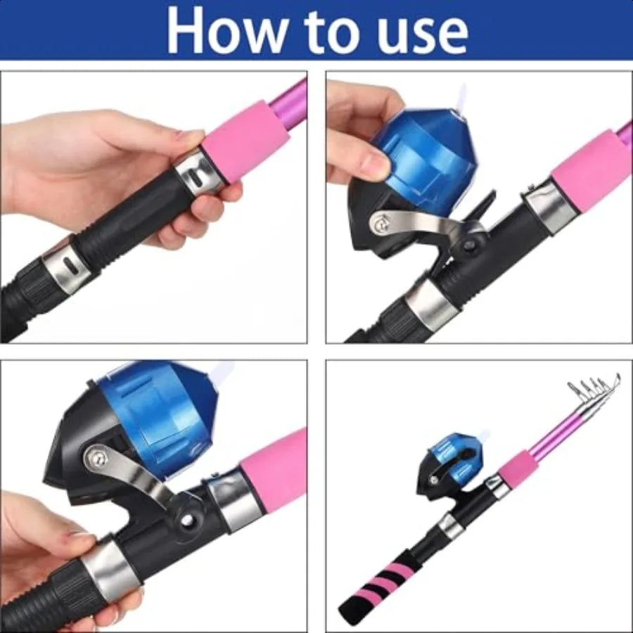 310 Pcs Telescopic Fishing Rod and Reel Combo Pink Set