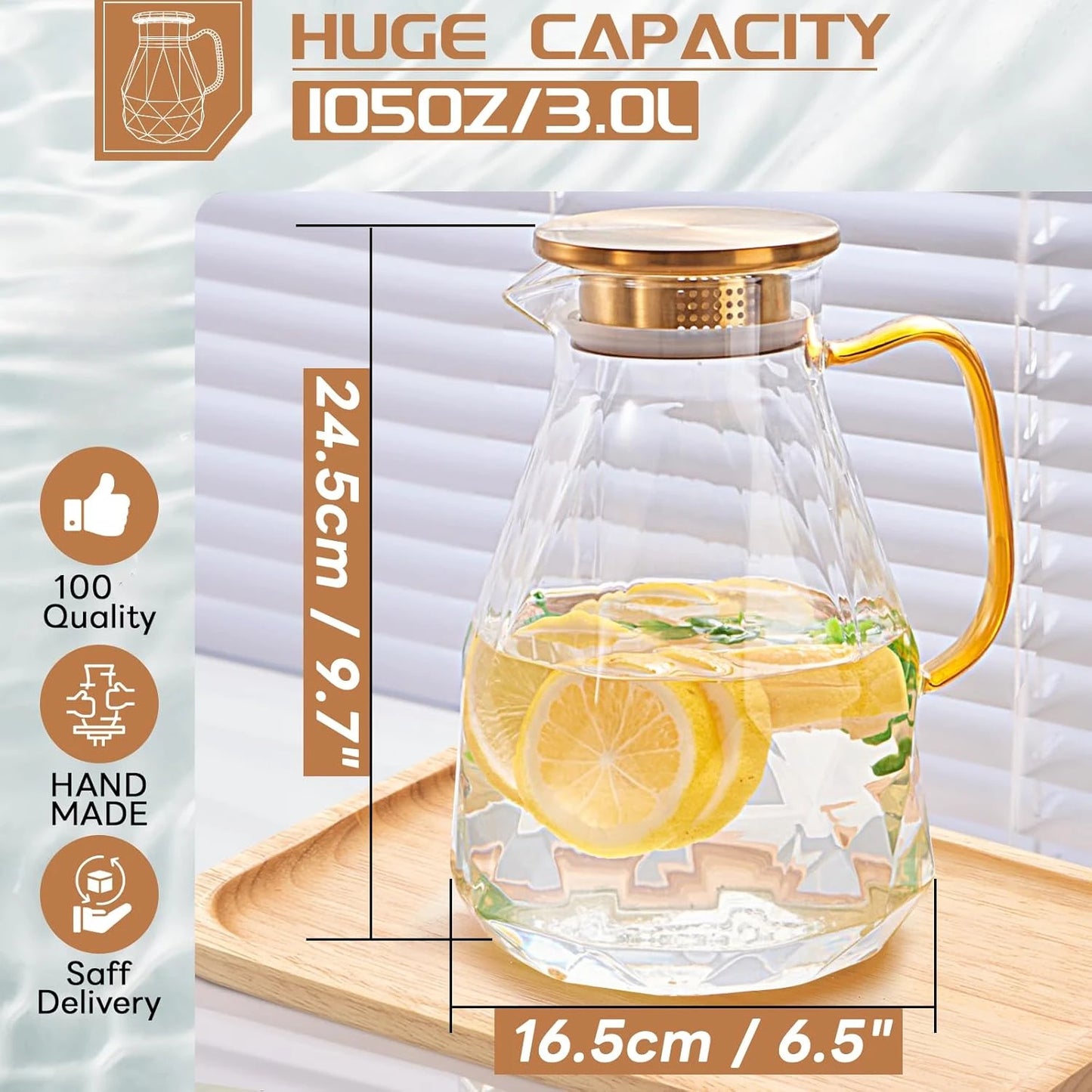 Glass Water Pitcher 3 Liter Carafe with Lid for Home Use